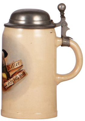 Mettlach stein, .5L, 1909, by v. H. Bonn, hand-painted, Im tiefen Keller sitz ich hier, pewter lid, mint. - 2