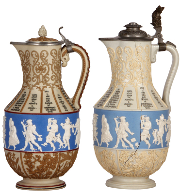Two Mettlach steins, 3.2L, 13.8" ht., 171, early ware, relief, inlaid lid, mint; with, 3.2L, 15.1" ht., 171, relief, original pewter lid, severe body cracks.