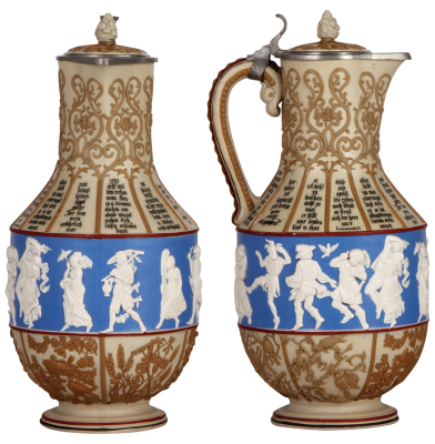 Two Mettlach steins, 3.2L, 13.8" ht., 171, early ware, relief, inlaid lid, mint; with, 3.2L, 15.1" ht., 171, relief, original pewter lid, severe body cracks. - 2
