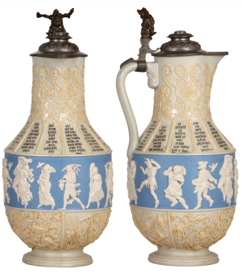 Two Mettlach steins, 3.2L, 13.8" ht., 171, early ware, relief, inlaid lid, mint; with, 3.2L, 15.1" ht., 171, relief, original pewter lid, severe body cracks. - 3