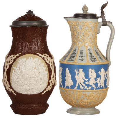 Two Mettlach steins, 4.0L, 13.7" ht., 1028, relief, inlaid lid, mint; with, 3.2L, 15.0" ht., 171, relief, inlaid lid, very good base chip repair.