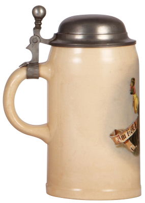 Mettlach stein, .5L, 1909, by v. H. Bonn, hand-painted, Im tiefen Keller sitz ich hier, pewter lid, mint. - 3