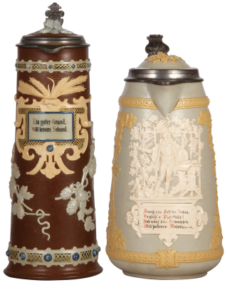 Two Mettlach steins, 2.0L, 14.6" ht., 1737, relief, inlaid lid, mint; with, 3.2L, 13.0" ht., 1821, relief, by Hein, inlaid lid, 2" hairline in rear, relief chip on side.