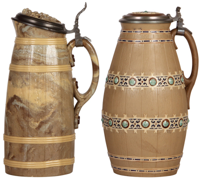 Two Mettlach steins, 2.5L, 13.2" ht., 690, Character, Barrel, inlaid lid, pewter tear repaired, body mint; with, 4.0L, 12.9" ht., 1112, Character, Barrel, inlaid lid, thumblift missing, otherwise mint.