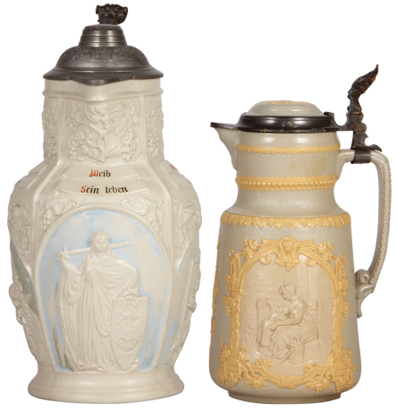 Two Mettlach steins, 3.1L, 13.0" ht., 6, relief, original pewter lid, pewter tear, long hairline in body, blue & green colors added & worn; with, 2.0L, 11.2" ht., 1872, relief, by Hein, inlaid lid is damaged & dented,