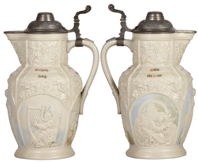 Two Mettlach steins, 3.1L, 13.0" ht., 6, relief, original pewter lid, pewter tear, long hairline in body, blue & green colors added & worn; with, 2.0L, 11.2" ht., 1872, relief, by Hein, inlaid lid is damaged & dented, - 2