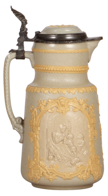 Two Mettlach steins, 3.1L, 13.0" ht., 6, relief, original pewter lid, pewter tear, long hairline in body, blue & green colors added & worn; with, 2.0L, 11.2" ht., 1872, relief, by Hein, inlaid lid is damaged & dented, - 3