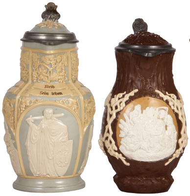 Two Mettlach steins, 2.5L, 12.9" ht., 6, relief, inlaid lid, mint; with, 2.3L, 12.0" ht., 1028, relief, inlaid lid, mint.