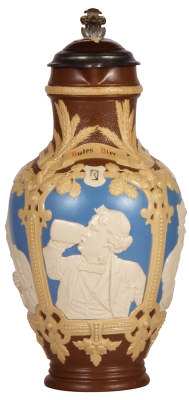 Mettlach stein, 3.0L, 13.7" ht., 1736, relief, inlaid lid, good inlay chip & pewter repairs.