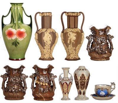 Ten Mettlach items, vase, 14.4" ht., 2923, transfer & hand-painted, good handle repair; with, early ware, vase, 12.0" ht., one handle missing; with, vase, 12.0" ht., base chips; with, vase, 8.8" ht., chips & hairline; with, vase, 8.8" ht., chips; with, va