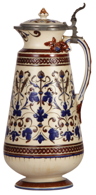 Mettlach stein, 3.4L, 15.0" ht., 1102, mosaic, inlaid lid, handle break glued, base chips.