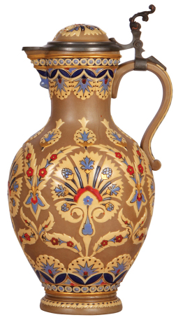 Mettlach stein, 3.5L, 14.7" ht., 1174, mosaic, inlaid lid, mint.