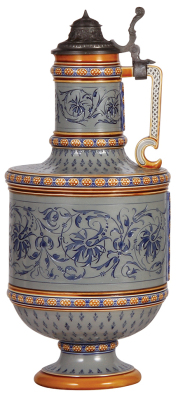 Mettlach stein, 3.2L, 15.5" ht., 1492, mosaic, pewter lid is old replacement, small flake on handle.