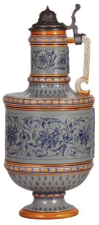 Mettlach stein, 3.2L, 15.5" ht., 1492, mosaic, pewter lid is old replacement, small flake on handle.