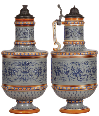 Mettlach stein, 3.2L, 15.5" ht., 1492, mosaic, pewter lid is old replacement, small flake on handle. - 2