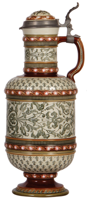 Mettlach stein, 3.0L, 15.5" ht., 1771, mosaic, by Hein, inlaid lid, center hinge ring missing, works well, otherwise mint.