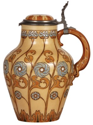 Mettlach stein, 4.4L, 13.0" ht., 2098, mosaic, Art Nouveau, inlaid lid, center hinge ring missing, works well, base chips, owner I.D. inside lid.