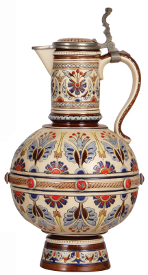 Mettlach stein, 3.2L, 15.0" ht., 1120, mosaic, inlaid lid, one body rosette chipped, finial missing.