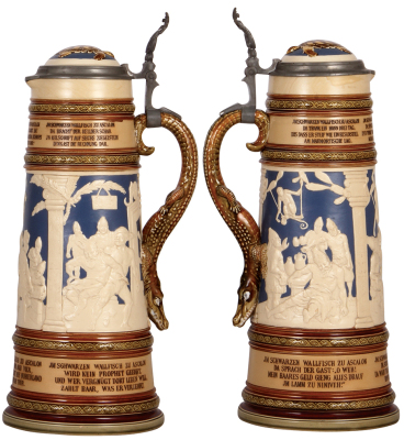 Mettlach stein, 3.3L, 17.7" ht., 2194, relief, Black Whale of Ascalon, inlaid lid, small relief chip, otherwise mint. - 2