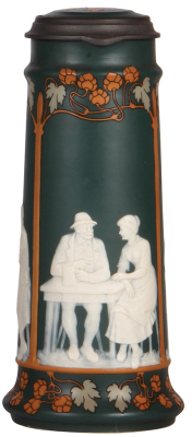 Mettlach stein, 2.3L, 12.7" ht., 2773, cameo, by Stahl, inlaid lid, thumblift missing, otherwise mint.