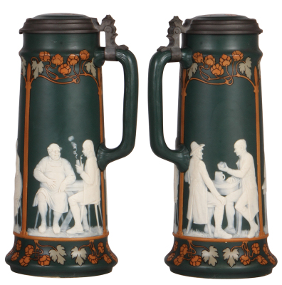 Mettlach stein, 2.3L, 12.7" ht., 2773, cameo, by Stahl, inlaid lid, thumblift missing, otherwise mint. - 2