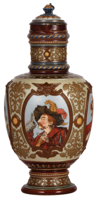 Mettlach stein, 3.0L, 15.4" ht., 1830, etched & decorated relief, inlaid lid, spout & base chip repaired and deteriorating, lid from a different Mettlach stein.
