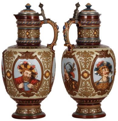 Mettlach stein, 3.0L, 15.4" ht., 1830, etched & decorated relief, inlaid lid, spout & base chip repaired and deteriorating, lid from a different Mettlach stein. - 2