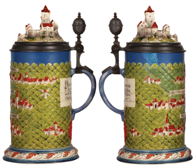 Mettlach stein, 3.8L, 16.0" ht., 2038, decorated relief, inlaid lid, replaced handle looks good, body break partially repaired, chip repair. - 2