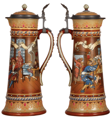 Mettlach stein, 3.0L, 16.7" ht., 2206, etched, inlaid lid, very good spout chip repair, has interior color change. - 2