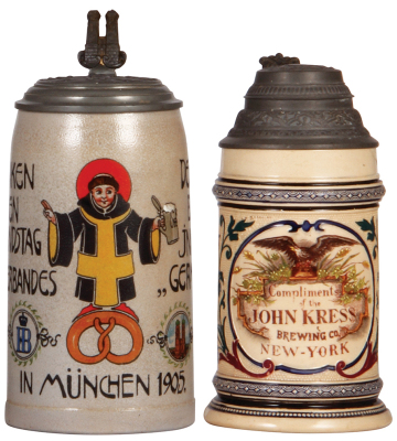 Two steins, stoneware, 1.0L, transfer & enameled, 14. Verbandstag des Central Verbandes Deutscher Bäcker Innungen Germania, München, 1905, by F. Ringer, relief pewter lid: Bavaria statue, long hairline on side; with, pottery, .5L, transfer & relief, John 