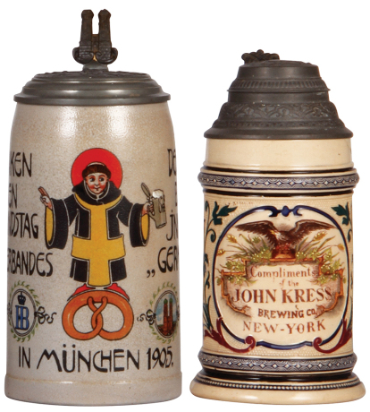 Two steins, stoneware, 1.0L, transfer & enameled, 14. Verbandstag des Central Verbandes Deutscher Bäcker Innungen Germania, München, 1905, by F. Ringer, relief pewter lid: Bavaria statue, long hairline on side; with, pottery, .5L, transfer & relief, John