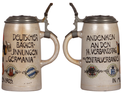 Two steins, stoneware, 1.0L, transfer & enameled, 14. Verbandstag des Central Verbandes Deutscher Bäcker Innungen Germania, München, 1905, by F. Ringer, relief pewter lid: Bavaria statue, long hairline on side; with, pottery, .5L, transfer & relief, John - 2