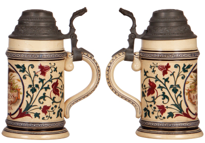 Two steins, stoneware, 1.0L, transfer & enameled, 14. Verbandstag des Central Verbandes Deutscher Bäcker Innungen Germania, München, 1905, by F. Ringer, relief pewter lid: Bavaria statue, long hairline on side; with, pottery, .5L, transfer & relief, John - 3