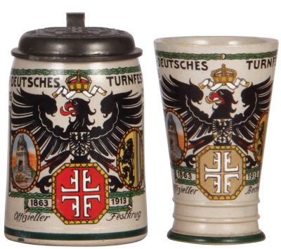 Two stoneware items, stein, .5L, transfer & hand-painted, by F. Ringer, XII. . Deutsches Turnfest, Leipzig, 1913, pewter lid, hairline in bottom; with, beaker, .25L, #1890, matching design on the stein, red wear, otherwise mint.