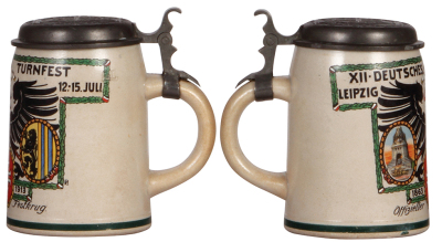 Two stoneware items, stein, .5L, transfer & hand-painted, by F. Ringer, XII. . Deutsches Turnfest, Leipzig, 1913, pewter lid, hairline in bottom; with, beaker, .25L, #1890, matching design on the stein, red wear, otherwise mint. - 2