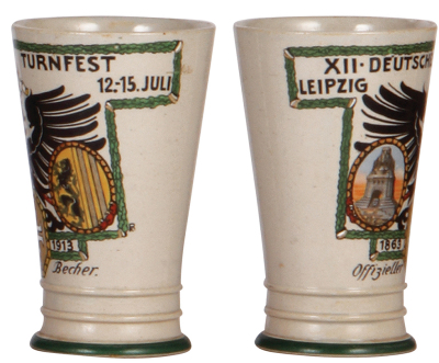 Two stoneware items, stein, .5L, transfer & hand-painted, by F. Ringer, XII. . Deutsches Turnfest, Leipzig, 1913, pewter lid, hairline in bottom; with, beaker, .25L, #1890, matching design on the stein, red wear, otherwise mint. - 3