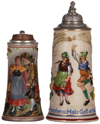 Two stoneware steins, .5L, relief, unmarked, hunter & wife, inlaid lid, very good condition; with, 1.0L, relief, marked 1833, dancers, pewter lid, flake on man's hat.
