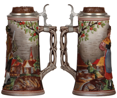 Two stoneware steins, .5L, relief, unmarked, hunter & wife, inlaid lid, very good condition; with, 1.0L, relief, marked 1833, dancers, pewter lid, flake on man's hat. - 2
