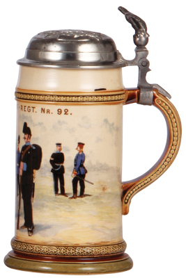 Mettlach stein, .5L, 880[2140], PUG, Inft. Regt. Nr. 92, pewter lid, mint. - 2