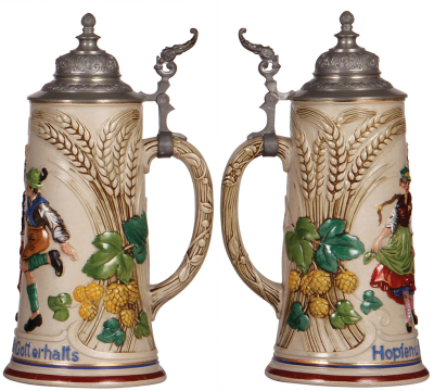 Two stoneware steins, .5L, relief, unmarked, hunter & wife, inlaid lid, very good condition; with, 1.0L, relief, marked 1833, dancers, pewter lid, flake on man's hat. - 3
