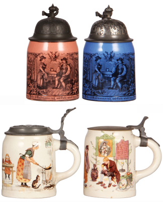 Four stoneware steins, .5L, transfer, marked Sarreguemines, three with pewter lids, one metal lid.