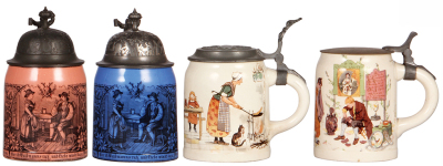 Four stoneware steins, .5L, transfer, marked Sarreguemines, three with pewter lids, one metal lid. - 2