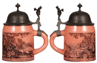 Four stoneware steins, .5L, transfer, marked Sarreguemines, three with pewter lids, one metal lid. - 3