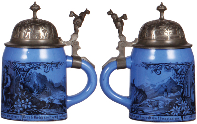 Four stoneware steins, .5L, transfer, marked Sarreguemines, three with pewter lids, one metal lid. - 4