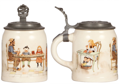 Four stoneware steins, .5L, transfer, marked Sarreguemines, three with pewter lids, one metal lid. - 5