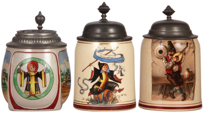Three steins, .5L, transfer, stoneware, Munich, relief pewter lid; with, .5L, transfer, pottery, Munich, pewter lid; with, .5L, transfer, pottery, musician, pewter lid, all very good condition. 
