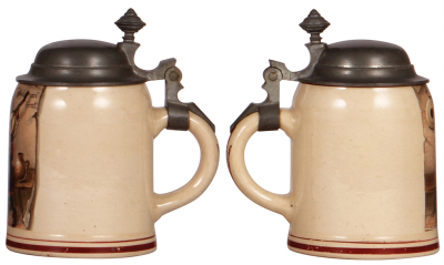 Three steins, .5L, transfer, stoneware, Munich, relief pewter lid; with, .5L, transfer, pottery, Munich, pewter lid; with, .5L, transfer, pottery, musician, pewter lid, all very good condition.  - 4