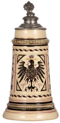 Pottery stein, .5L, relief, marked 1308, by Diesinger, Eagle, Landsknecht on either side, pewter lid, gold bands have wear, 2" hairline near top rim.