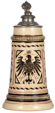 Pottery stein, .5L, relief, marked 1308, by Diesinger, Eagle, Landsknecht on either side, pewter lid, gold bands have wear, 2" hairline near top rim.