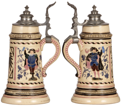 Pottery stein, .5L, relief, marked 1308, by Diesinger, Eagle, Landsknecht on either side, pewter lid, gold bands have wear, 2" hairline near top rim. - 2